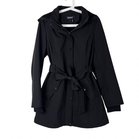 Dkny Jackets & Blazers - DKNY Black Hooded Belted Coat Women’s Medium Softshell Trench Jacket